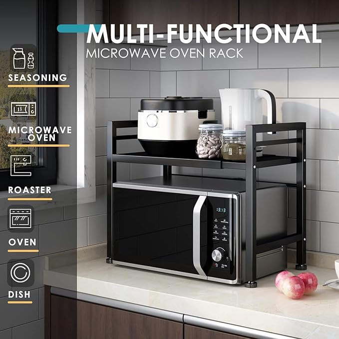 DOLALIKE Microwave Oven Rack, Expandable Microwave Stand Countertop Kitchen Utensils Tableware Storage, Carbon Steel Over Microwave Shelf Countertop with 3 Hooks-NeatNest