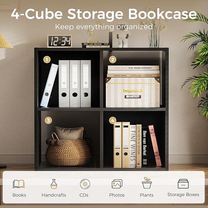 COMHOMA 4 Wood Cube Storage Organizer with Open Back and Removable Back Panels, 11In Black Cube Storage Bookshelf, Cubicle Shelf Bookcase for Home Office Bedroom Living Room, Vertical or Horizontal