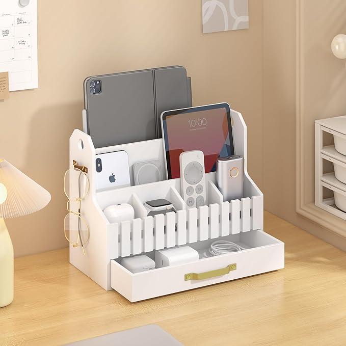 Bamboo Mail Organizer Countertop with Drawers, Wood Desk File Organizer Desktop Paper Organization Storage Bill & Letter Sorter Holder for School Home Office Supplies, No Assembly Required (White)-NeatNest