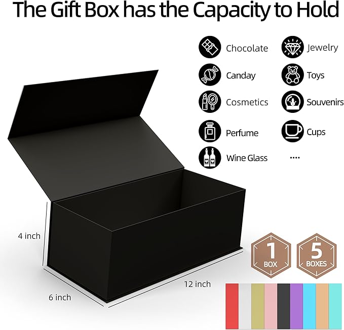 Black Gift Box 12x6x4 Inches Foldable Magnetic with Lid Black Magnetic for Presents,Keepsake Box Weddings,Proposals, Birthdays,Christmas,Halloween,Holiday Gift Giving Packaging-NeatNest
