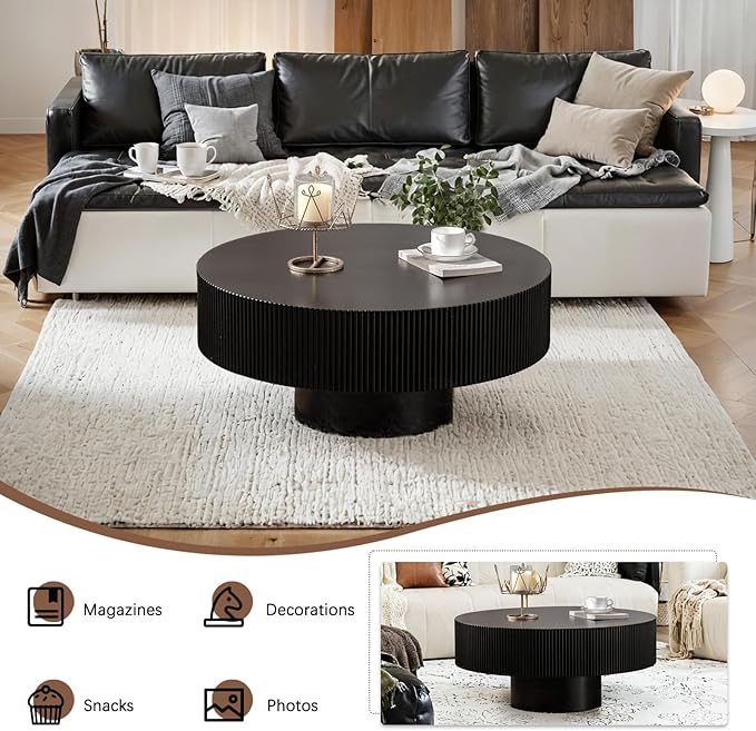 30.91" Round Drum Coffee Tables Modern Handcraft Drum Coffee Table Circle Coffee Table with Sturdy Pedestal, Fluted Wood Coffee Tables Accent End Table for Living Room,Black Thickened