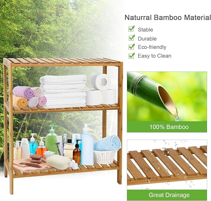 Bamboo Shelf Bathroom 3-Tier Storage Shelves Stand Rack Multifunctional Shelving for Bedroom Kitchen Living Room