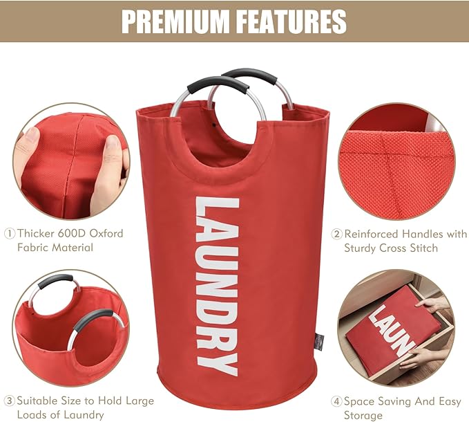 DOKEHOM 90L Large Laundry Basket, Collapsible Laundry Bag, Freestanding Tall Clothes Hamper, Foldable Washing Bin (Red)-NeatNest