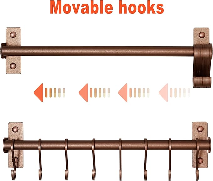Dseap Kitchen Utensil Holder Hanger, Pot and Pan Rack Wall Mounted, Kitchen Rail with 8 Hooks for Hanging Cooking Utensils, Mugs, Spoons, Wall Mounted, Antique Copper, Pack of 2-NeatNest