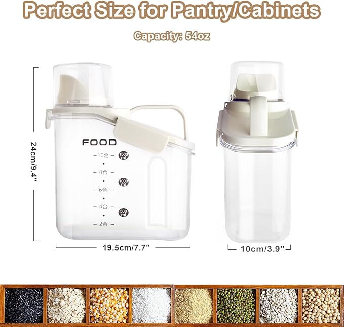 3 Pieces Cereal Containers Storage, 51fl.oz/1.5L Compact Crystal Clear Dry Food Storage Containers with Pouring Spout Measuring Cup for Rice Nuts Beans Pet Food Snacks Candies, 3PCS-NeatNest