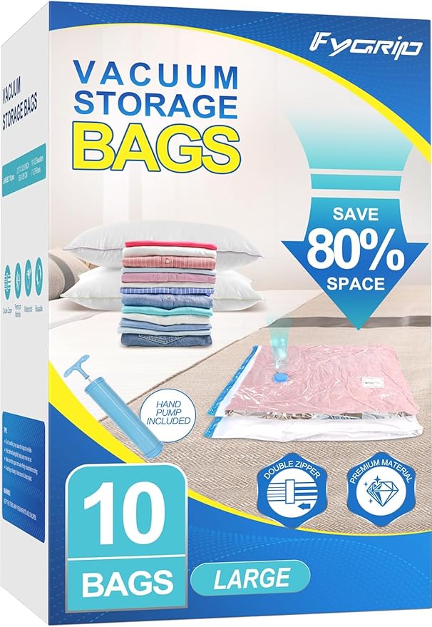 10 Pack Large Vacuum Storage Bags with Hand Pump, Plastic Packaging Bags, 80% Space Saver Vacuum Seal Bags for Clothing, Travel Lugggage, Blankets, Comforters-NeatNest