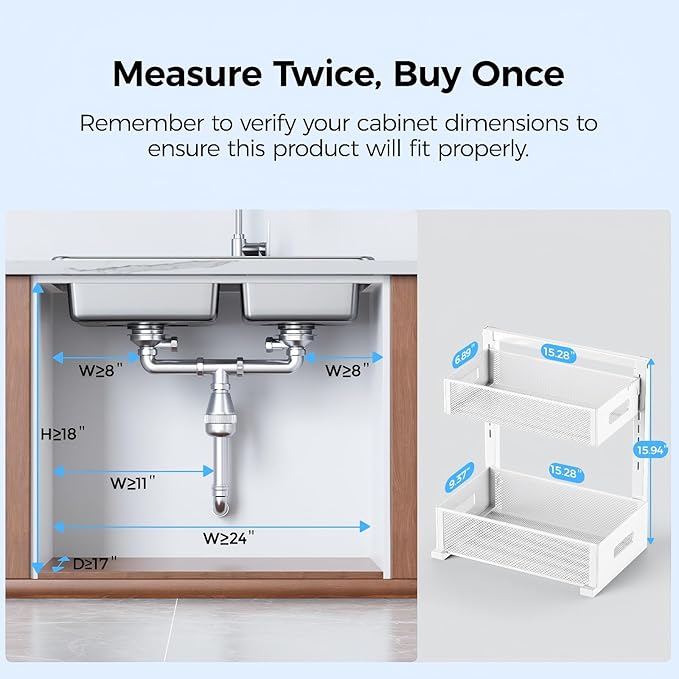 2 Pack Under Sink Organizer, Adjustable Height Under Sink Organizers and Storage, Smooth & Silent Sliding Out Metal Drawer for Kitchen Bathroom Pantry Cabinet Closet (White)-NeatNest