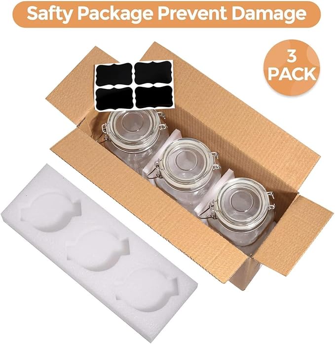 ComSaf Airtight Glass Canister Set of 3 with Lids 78oz Food Storage Jar Square - Storage Container with Clear Preserving Seal Wire Clip Fastening for Kitchen Canning Flour, Cereal, Pasta, Sugar, Beans-NeatNest