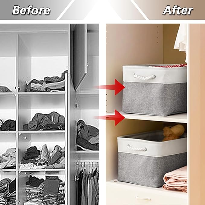 Fabric Storage Bins, 3 Pack Foldable Cube Baskets with Rope Handles, Large Collapsible Storage Cubes for Home, Office, Closet, Clothes, Books Organizer. (White and Gray, 3PCS/16*12.6*8.2inch)