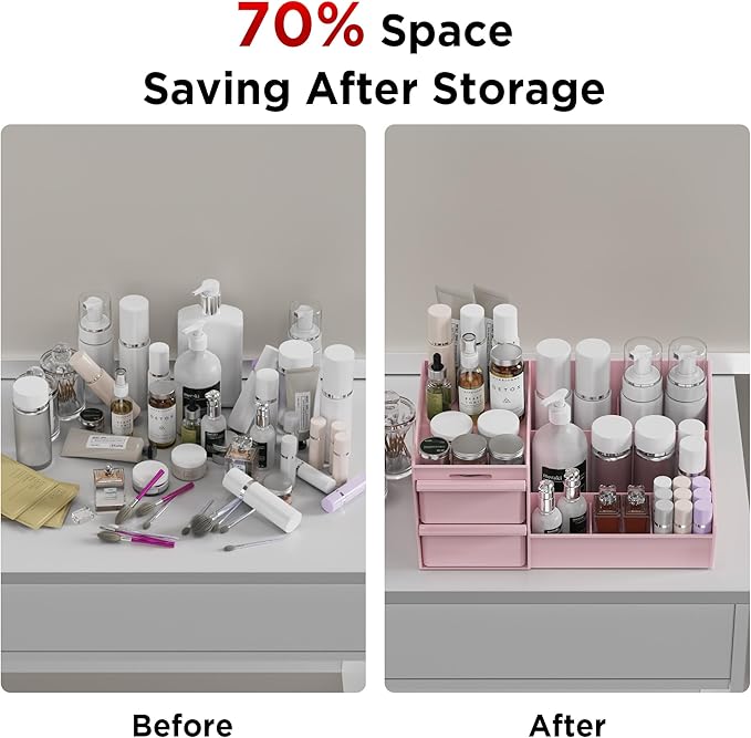 Makeup Organizer Countertop, Vanity Organizer with Drawers for Cosmetics, Skincare, Brushes, Perfume, Skincare Organizer for Vanity, Perfume Organizer for Dresser, Bathroom (Pink&2 Drawers)-NeatNest