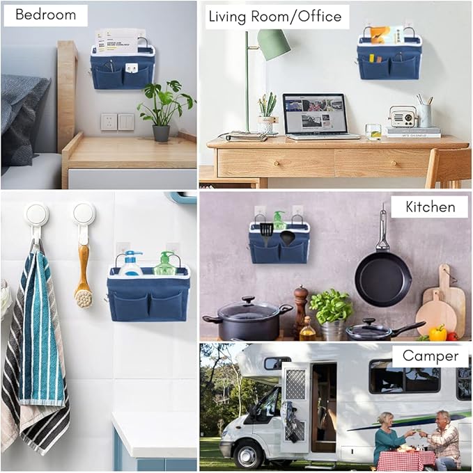 2pcs Middle Wall Hanging Organizer Bag, Linen Fabric Door Hanging Storage Basket with Pockets, Waterproof Bin for Kitchen, Bedroom, Office, RV Camper (Blue)-NeatNest