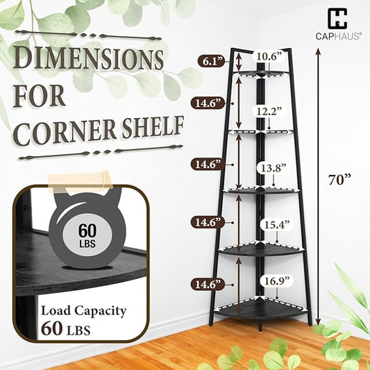 CAPHAUS Tall Corner Shelf Stand, 5-Tier Display Shelves, Ladder Corner Wood Storage Plant Bookshelf with Metal Frame, Versatile Shelving Unit Bookcase for Home Office Space, Black-NeatNest