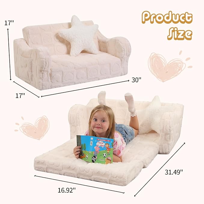 Extra Wider Seating Toddler Couch, 2-in-1 Toddler Soft Couch Fold Out with Star Pillow, Convertible Sofa to Lounger for Girls and Boys, Cream Heart-NeatNest