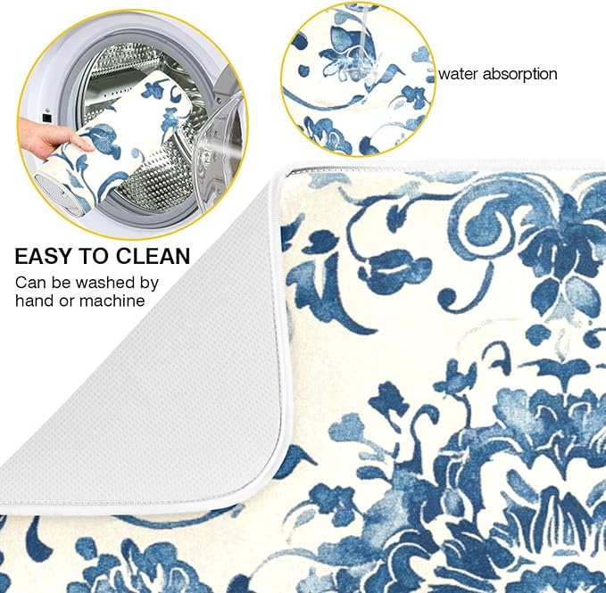 Absorbent Dishes Drainer Mat for Countertop Small Size 16 x 18, Microfiber Blue White Pattern Dish Drying Pads Kitchen Counter Draining Pad
