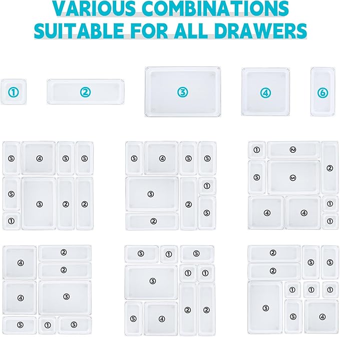 Clear Plastic Drawer Organizers Set - 16pack 5 Size Versatile Organizer Trays & storage Bins,Desk Drawer Organizer Trays,Organizers and Storage Bins for Makeup,Jewelry,Kitchen Utensils,Bathroom,Office