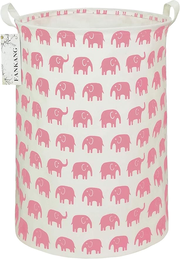 FANKANG Storage Basket, Nursery Hamper Canvas Laundry Basket Foldable with Waterproof PE Coating Large Storage Baskets for Kids Boys and Girls, Office, Bedroom, Clothes,Toys(Pink Elephant)