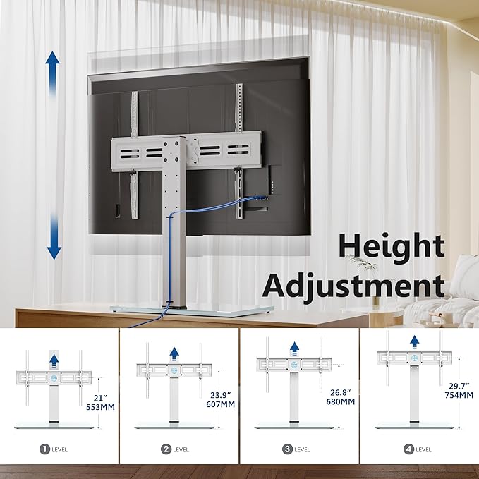 FITUEYES Universal TV Stand with Swivel Mount for 50-85 inch Flat Screens - Height Adjustable Tempered Glass Base Holds up to 143 lbs, White.