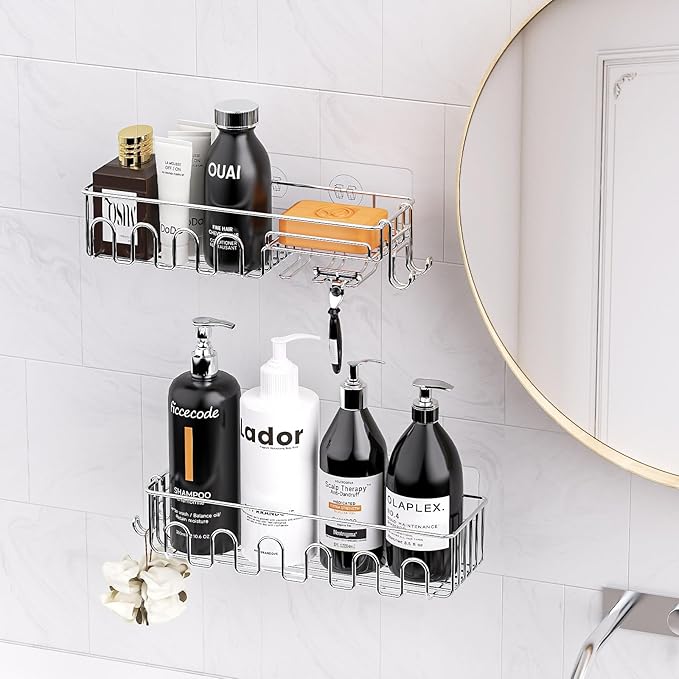 Adhesive Shower Caddy: 2 Bonus Hooks, 4-Pack Wall Mounted Bathroom Storage Shelf, Rustproof Metal Basket Organizer for Kitchen & Bathroom No Drill Silver