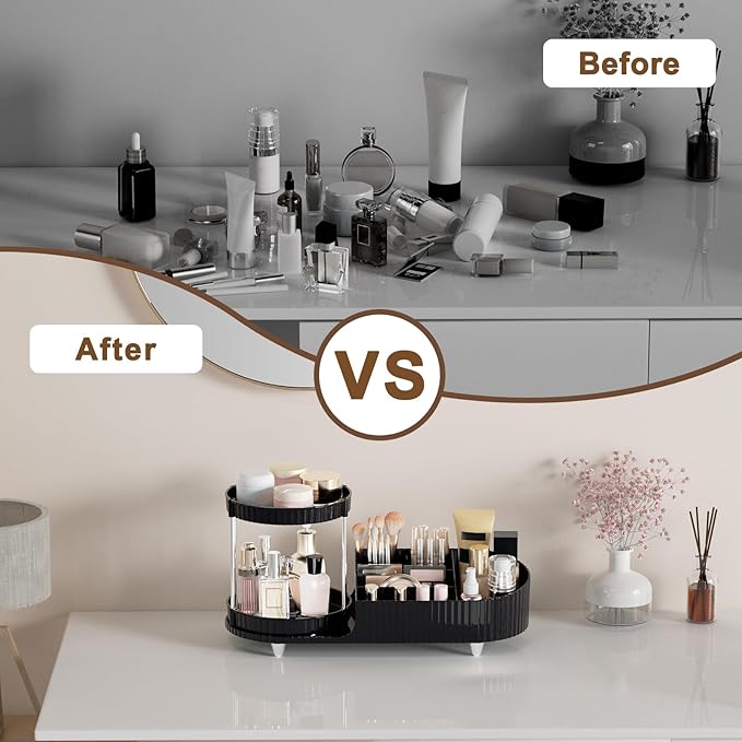 Makeup Organizer Countertop for Vanity with 360 Rotating Perfume Trays, 7-Compartment Skincare Organizers and Make Up Desk Storage, Cosmetic Organizer with Brush Holder for Bedroom Bathroom Counter-NeatNest
