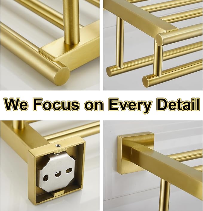 Bathroom Towel Rack with Double Towel Bar Bathroom Hotel Shower Shelf SUS304 Stainless Steel Modern Wall Mounted Holder 28 Inch Brushed Gold