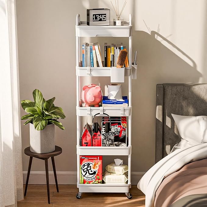 5 Tier Rolling Cart Organizer,Bathroom Cart Organizers with Wheels Laundry Room Organization Mobile Shelving Unit Utility Cart Storage Shelves Multi-Functional for Office, Home(White)-NeatNest