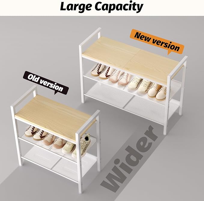 Shoe Rack for Front Door Entrance, 3 Tier Shoe Rack for Entryway, Shoe Shelf for Closet, Metal Shoe Racks Organizer with Sturdy Wooden Top & Steel Frame,(White+Beige)-NeatNest