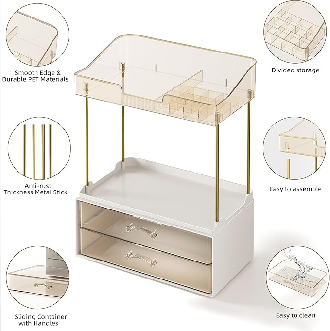 4-Tier 2-Drawer Bathroom Organizer Counter Organization, Multi-Purpose Makeup Skincare Organizers with Compartment, Easy to Install, Exquisit Vanity Shelves, Amber