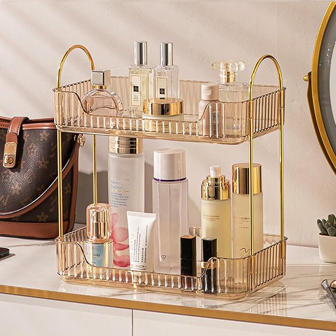 Aveniee Bathroom Counter Organizer, 2 Tier Perfume Skin Care Countertop Storage Shelf, Vanity Makeup Tray for Cosmetic Skincare Lotion, Gold-NeatNest
