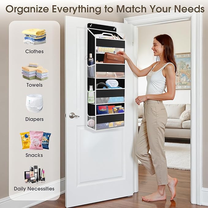 1 Pack Over The Door Organizer, Hanging Storage Organizer with Clear Window, 40lb Ultra Sturdy Large Capacity Room Organizer for Pantry Laundry Bathroom Nursery Closet (Black)-NeatNest
