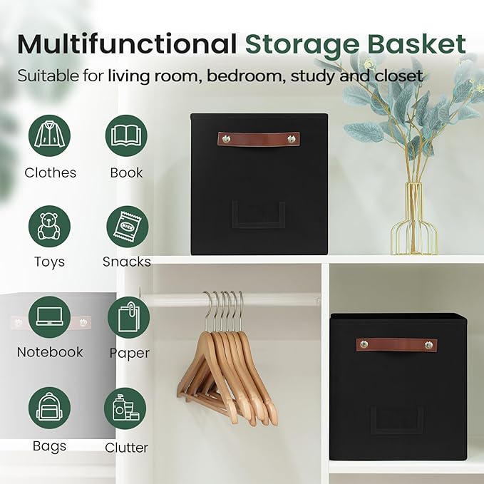 6-Pack Collapsible Fabric Storage Cubes with Handles & Label Holders, Closet Cube Home Organizer Bins (Black, 10.5*10.5*11 inch)