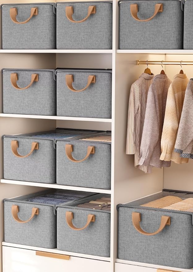 AARAINBOW Closet Clothes Organizer Bins 6 Pc, Fabric Box Storage Shelf Bins Stackable, Foldable Closet Shelf Storage Container with Lid, Fabric Storage Bin with Steel Frame, 23L (6 Gray with Lid)-NeatNest