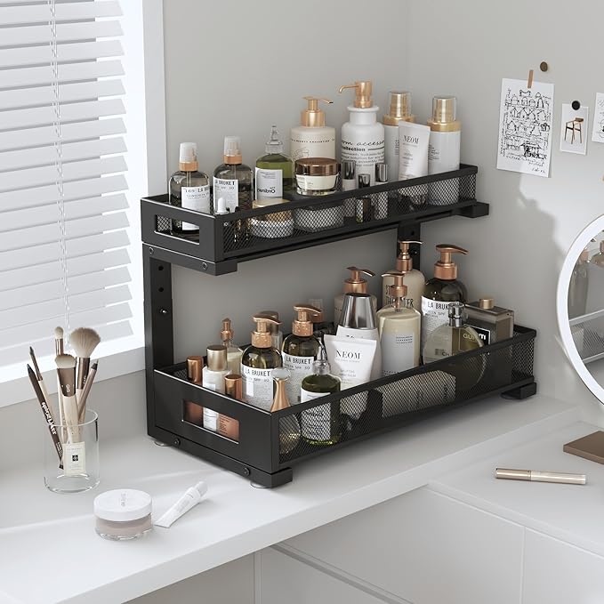 2 Pack 17IN Depth Under Sink Storage Organizer, Large 2-Tier Elegant Mesh Pull Out Shelf for Kitchen and Bathroom Cabinet Organization, L-Shaped and Adjustable Height Design-Black-NeatNest