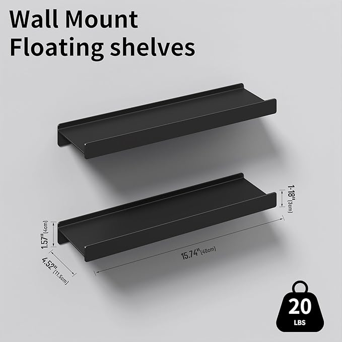 Floating Shelves for Wall, Wall Mounted Shelves with Lip for Storage, Metal Display Shelves for Home Decor, Kitchen/Living Room/Bedroom/Bathroom Shelf, Black 16 inch 2 Pack-NeatNest