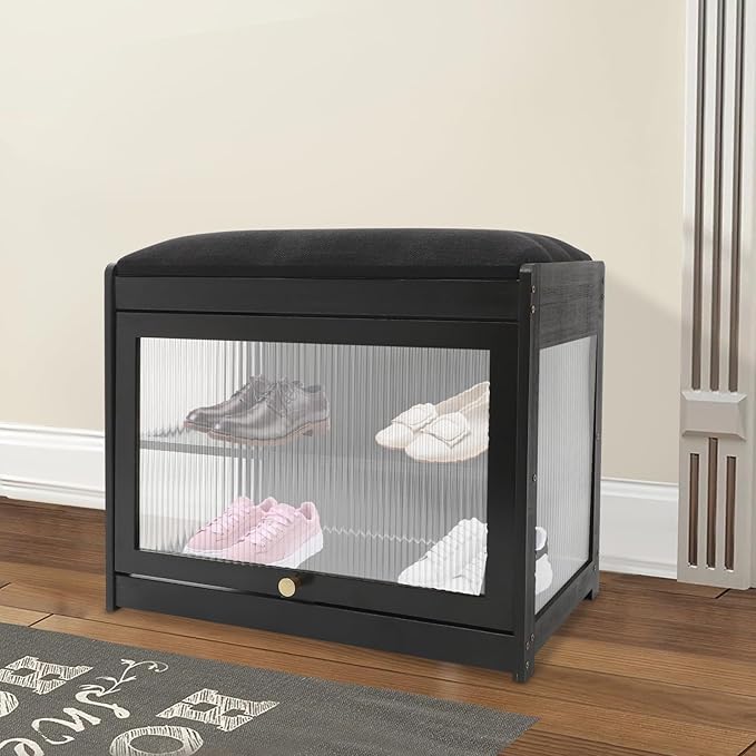 Eapmic Shoe Storage Bench, Entryway Shoe Rack Bench with Padded Seat Cushion, 2-Tier Shoe Cabinet, Bamboo Shoe Organizer for Hallway Bedroom Living Room Front Door (Black, 19.69 * 12.6 * 17.32in)