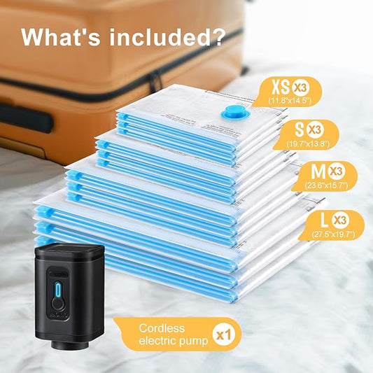 Combo 12 Pack Travel Vacuum Bags with Portable Electric Pump, Space Saver Vacuum Storage Bags for Clothing and Luggage, Travel Essentials-NeatNest