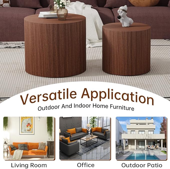 Round Nesting Coffee Table Set of 2 Modern Walnut Round Coffee Table Small End Table Side Table Circular Coffee Tables Circle Nested Coffee Tables for Living Room (Walnut)