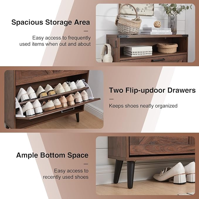 Shoe Storage Cabinet,Farmhouse Shoe Organizer with 2 Flip Drawers & Barn Door Design,Freestanding Hidden Slim Narrow Shoe Rack Cabinet with Open Storage for Entryway, Foyer,Hallway, Walnut-NeatNest