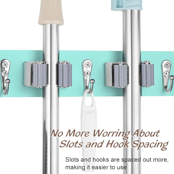 Turquoise Mop Broom Holder Wall Mount with 4 Slots & 4 Hooks - Wood Broom Mop Hanger for Pantry Closet Laundry Room Organization - for Teal Kitchen Decor and Accessories-NeatNest