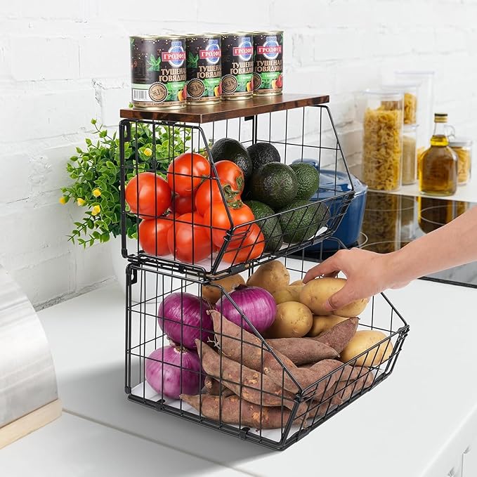 2 Tier Stackable Wall Mounted Hanging Basket, Fruit Basket for Kitchen Counter, Storage Bin with Wood Lid, Onion Storage, Fruit and Vegetable Storage, Countertop Organizer