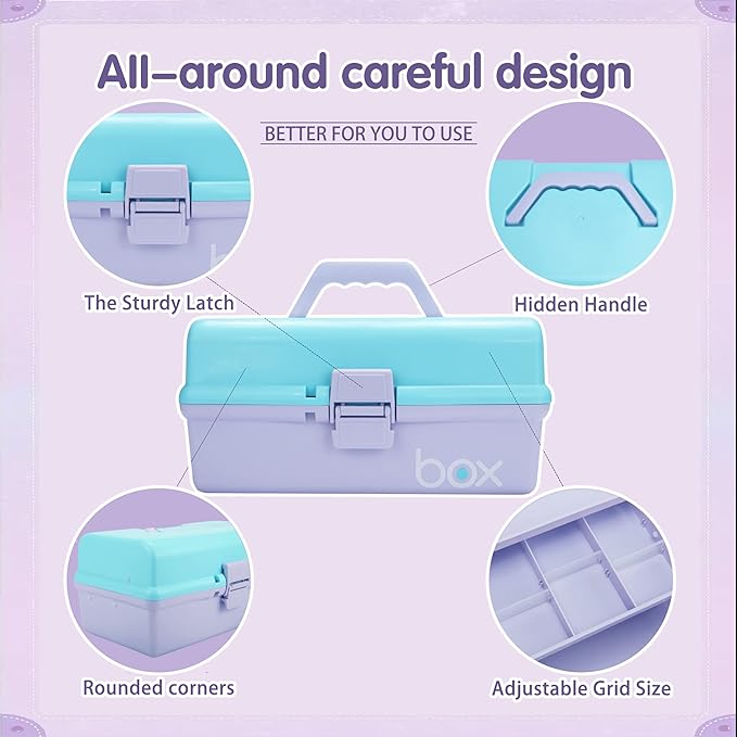 12in Three-Layer Multipurpose Storage Box Organizer Folding Tool Box/Art & Crafts Case/Sewing Supplies Organizer/Medicine Box/Family First Aid Box with 2 Trays (Purple Blue)
