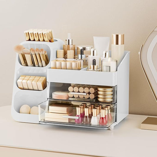 Delamu Makeup Organizer with Drawers for Vanity, Spacious Cosmetic Display Case with Makeup Brush Holder, Perfect Vanity Bathroom Organizer and Storage Solution for Skincare & Beauty Essentials, White-NeatNest