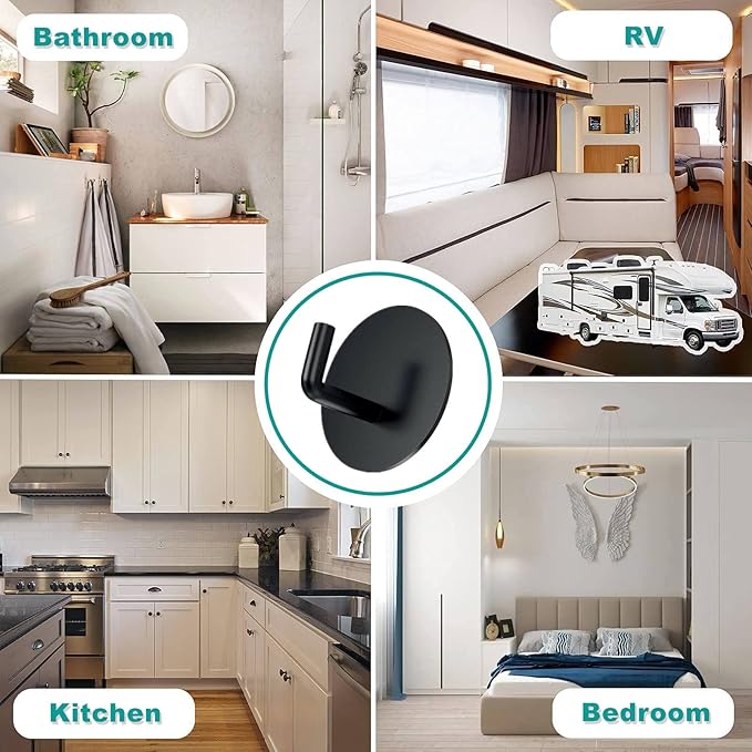 Adhesive Hooks Heavy Duty Stick on Hook Waterproof, Black Round Adhesive Hooks, Removable 304 Stainless Steel Wall Sticky Hooks 4 pcs