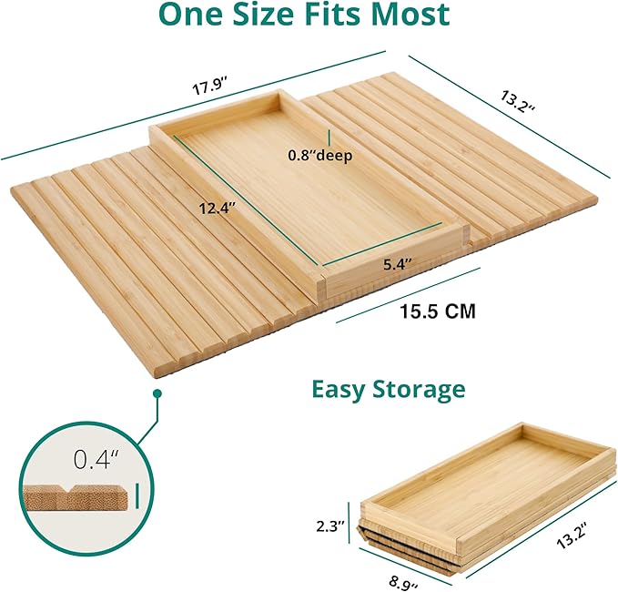 DETOR Couch Arm Tray, Foldable Sofa TV Tray with Capacious 12.4" x 5.4" Storage Box, Natural Bamboo Finish, Enhanced Nonslip Felt Bottom, Sturdy Bamboo Slats Material | for Armrests 6" and Wider-NeatNest