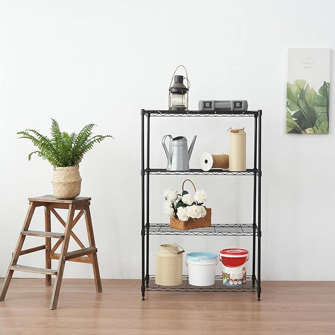 Displays By Jack 4 Tier Wire Shelving Unit Storage Rack, Metal Heavy Duty Utility Organization Units for Products Plant Standing Shelf, Pantry, Garage, Shelf Stand, Black, 14" W x 30" L X 48" H