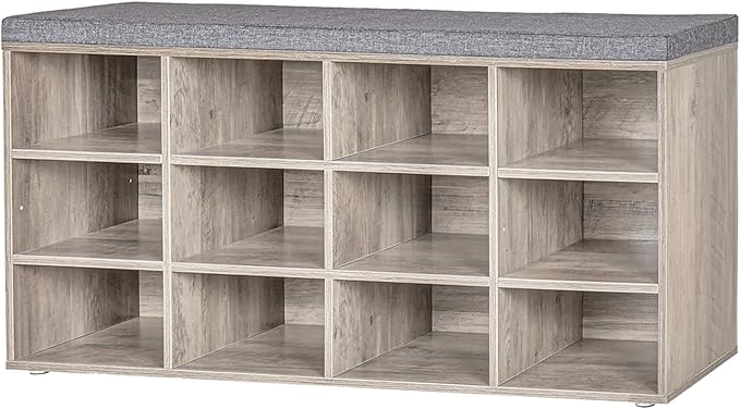DINZI LVJ Shoe Storage Bench with Cushion, Cubby Rack with 12 Cubbies, Adjustable Shelves, Multifunctional Organizer Bench for Entryway, Mudroom, Hallway, Closet and Garage, Greige-NeatNest