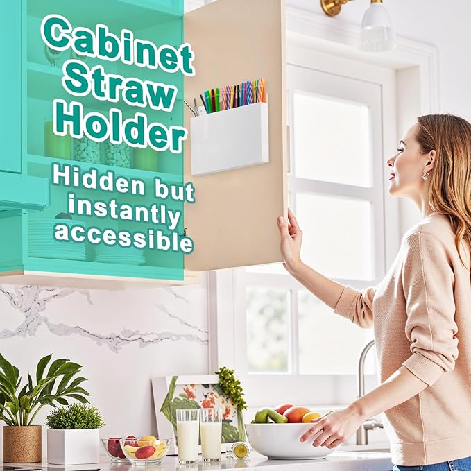 Acrylic Straw Holder for Cabinet Door, Reusable Straw Organizer with Removal Adhesive Tapes, Magnetic Mount, Drinking Straw Storage Container for Kitchen Bar Counter Cupboard 1 Pack