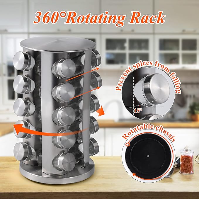 DOUBLE 2 C Revolving Spice Rack with 20 Jars, Rotating Spice Rack Organizer, Seasoning Organizer with Labels, Stainless Steel Spice Carousel for Kitchen Countertop, Cabinet-NeatNest