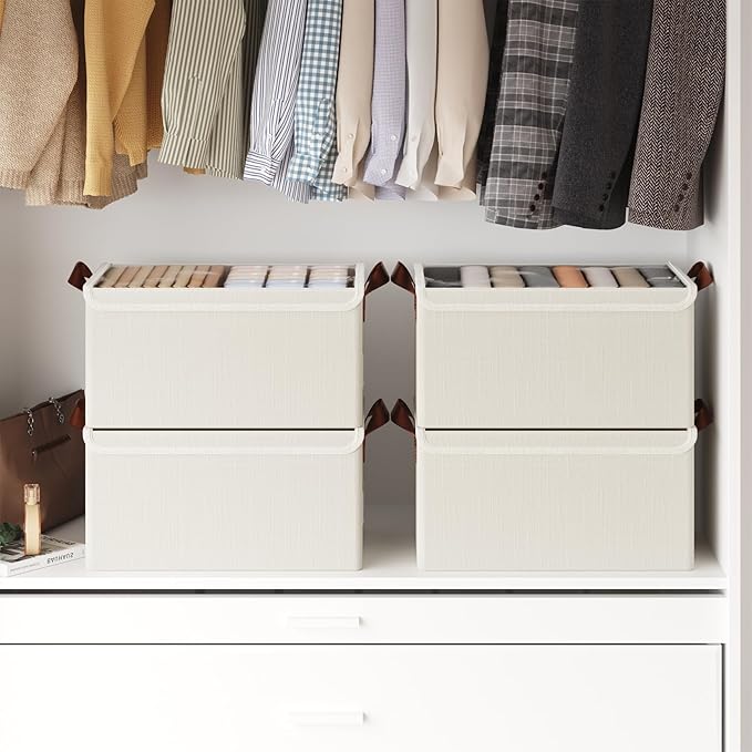AARAINBOW Metal Frame Clothes Organizer Bins, Stackable Fabric Storage Bins with Lids, 4 Packs Fabric Boxes Foldable Closet Container for Clothes Toys, 23L (B White)-NeatNest