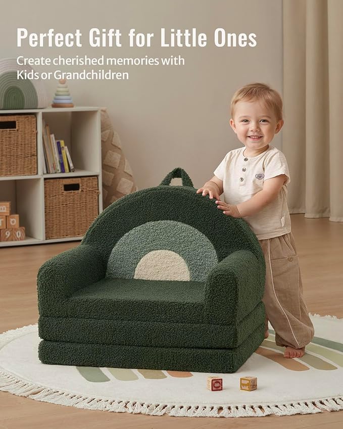 Blissful Diary Foldable Toddler Couch, 2-in-1 Comfy Toddler Chair & Lounger for Reading, Nap, Playroom, Kids Couch Sofa for 1 2 3+ Year Old Girls Boys Birthday Gift, Dark Green Arclet-NeatNest