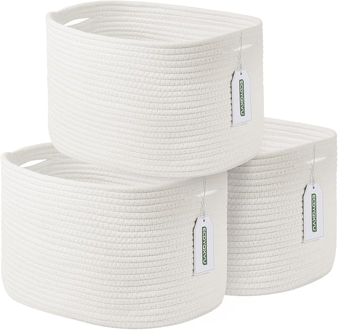 Cotton Rope Storage Basket, 15x10x9 Inches, Woven Basket for Shelves, Clothes, Toys, Towels, Books, and Laundry, Durable and Stylish, White (3 Pack)-NeatNest